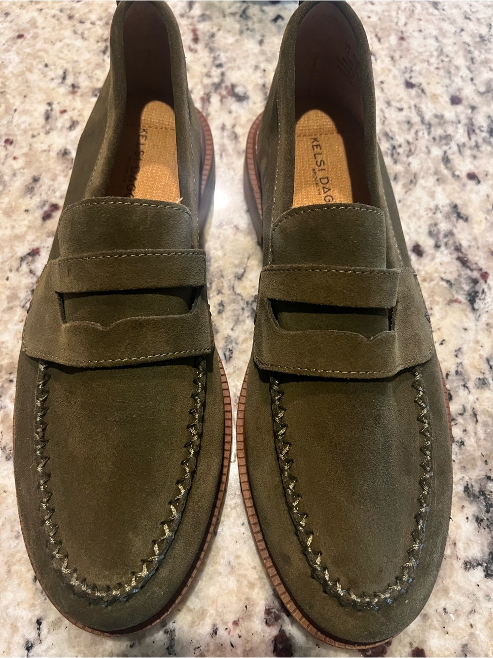 Kelsi Dagger Olive Green Suede Penny Loafers
